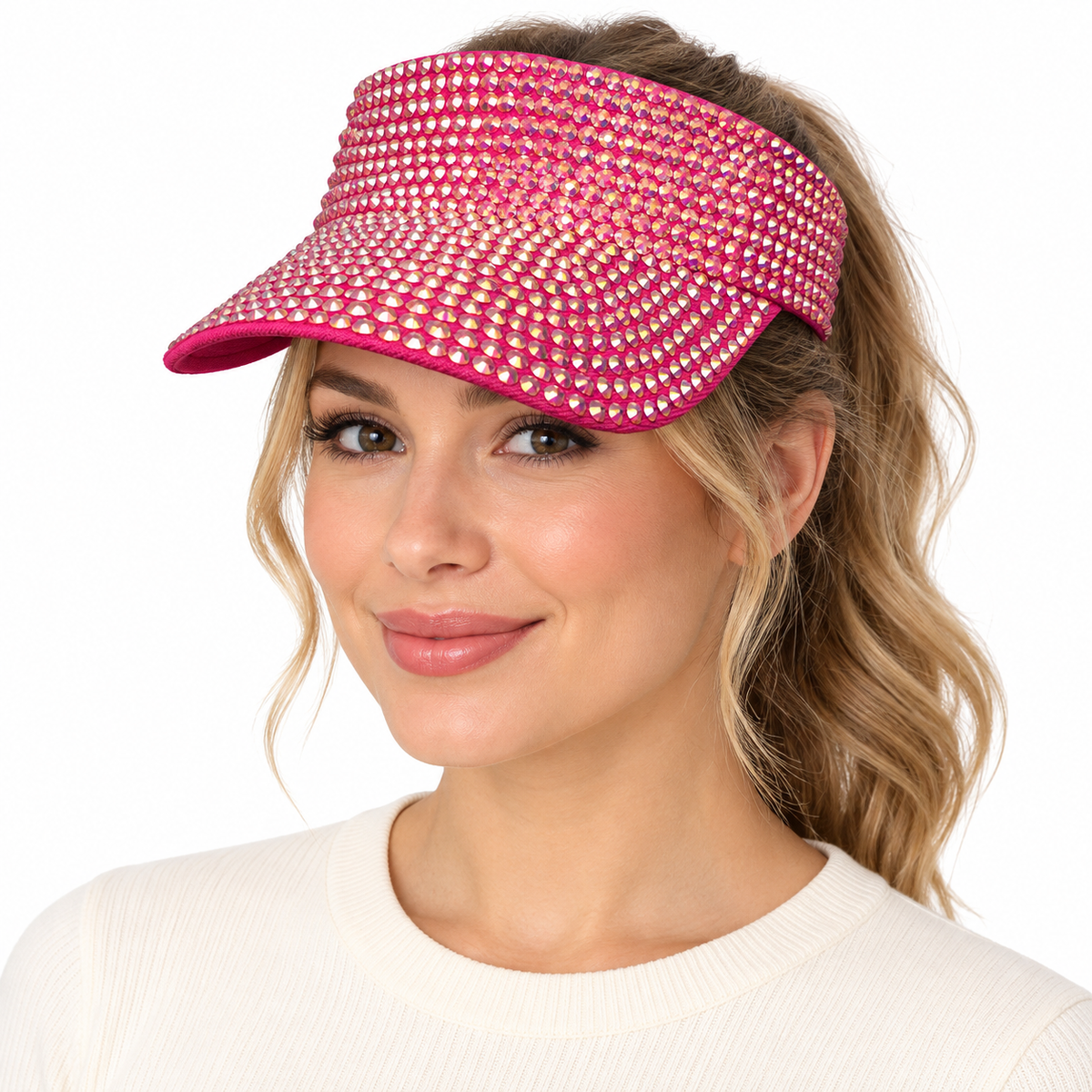Model wearing Visor: CAV022 Black Visor with Pearl and Silver Rhinestones (Copy)