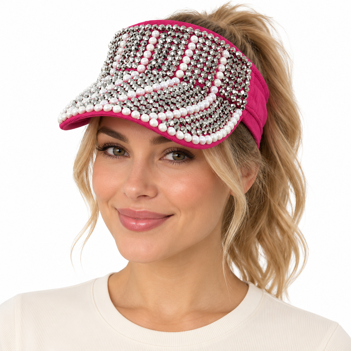 Model wearing Visor: CAV022 Hot Pink Visor with Pearl and Silver Rhinestones