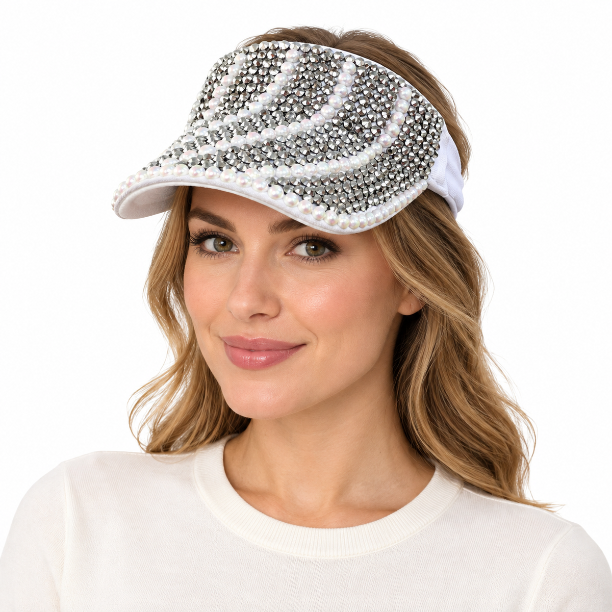 Model wearing Visor: CAV022 White Visor with Pearl and Silver Rhinestones