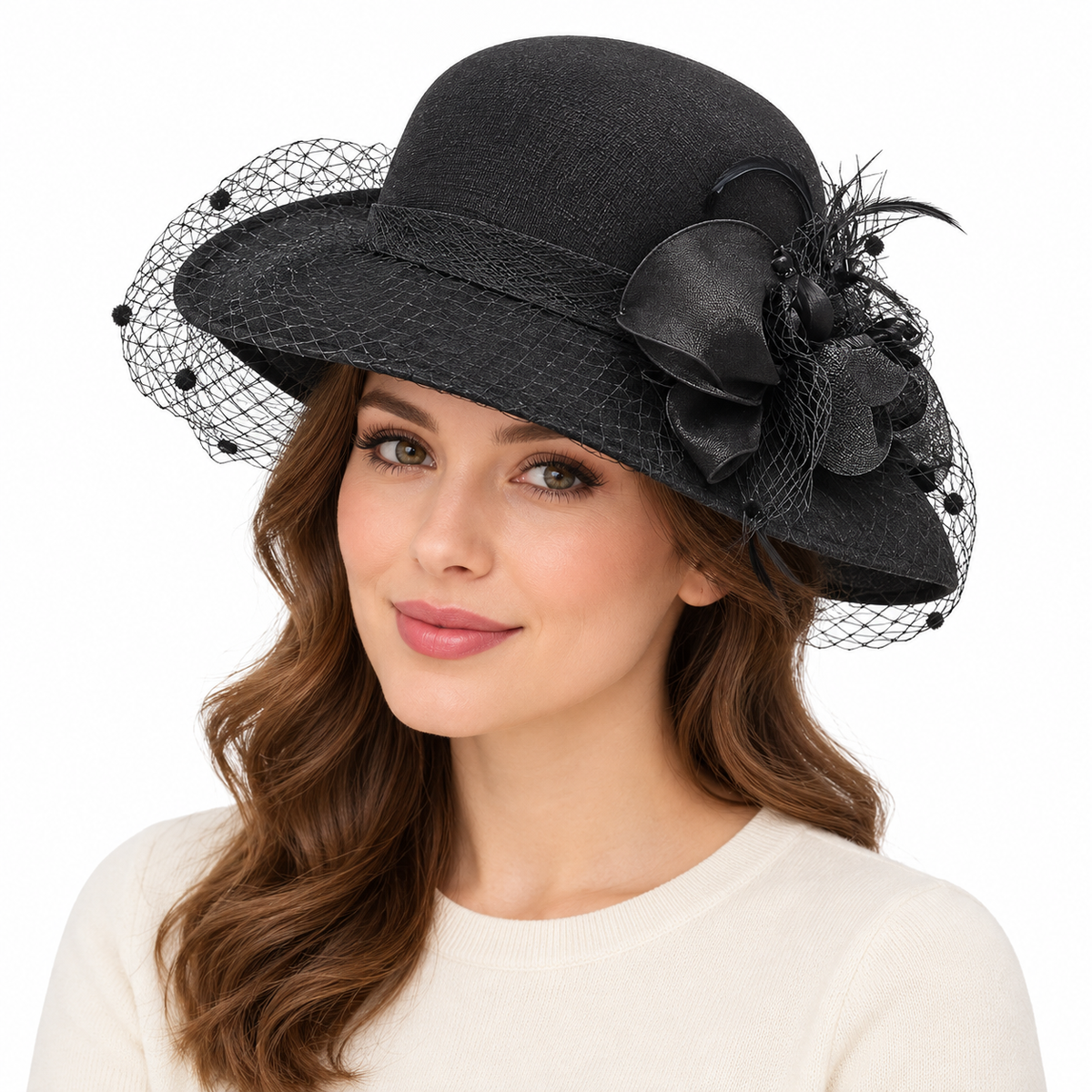 Model wearing Wide Brim Flower Hat