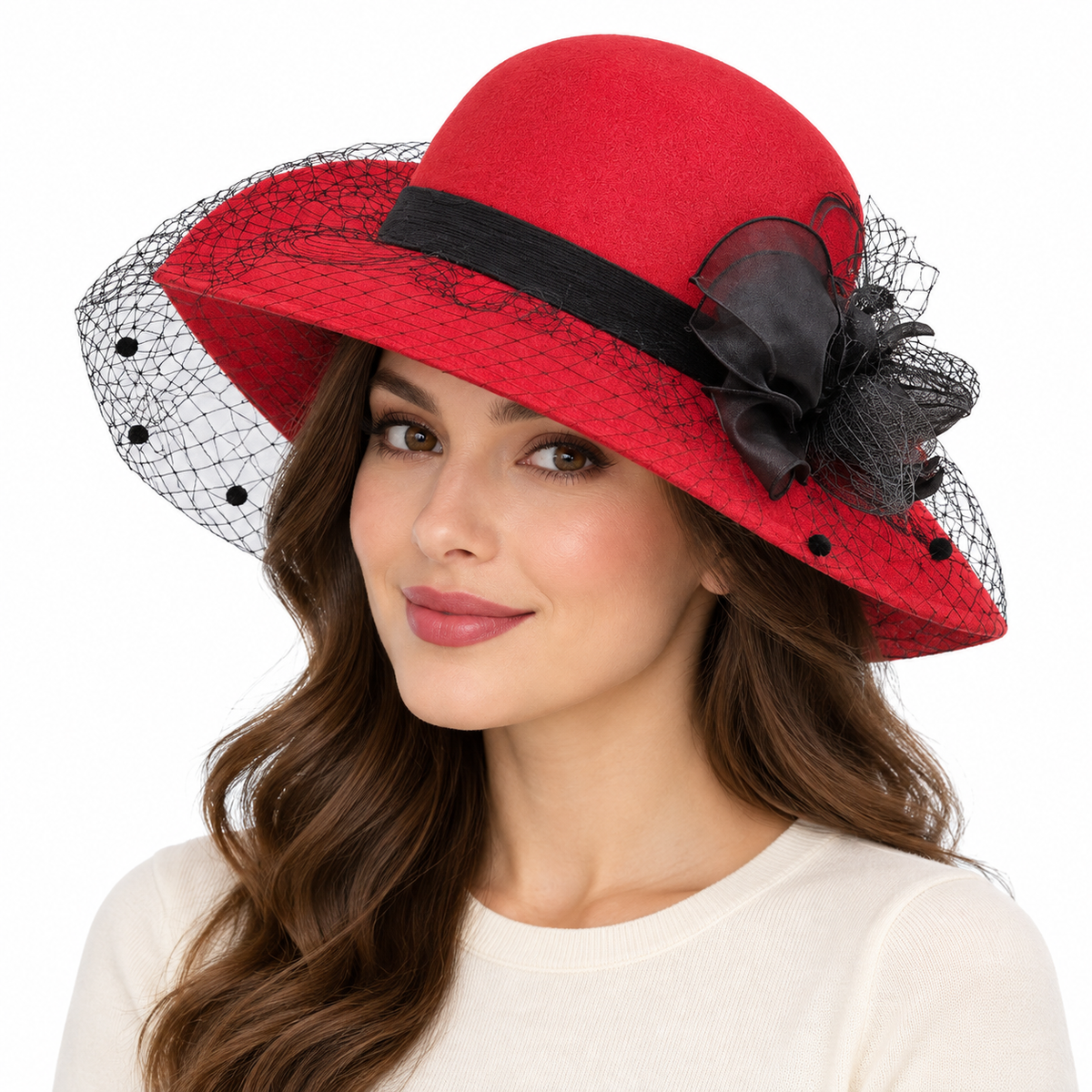 Model wearing Wide Brim Flower Hat