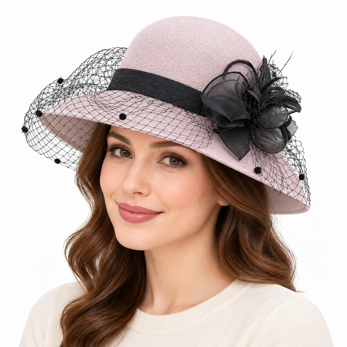 Model wearing Wide Brim Flower Hat