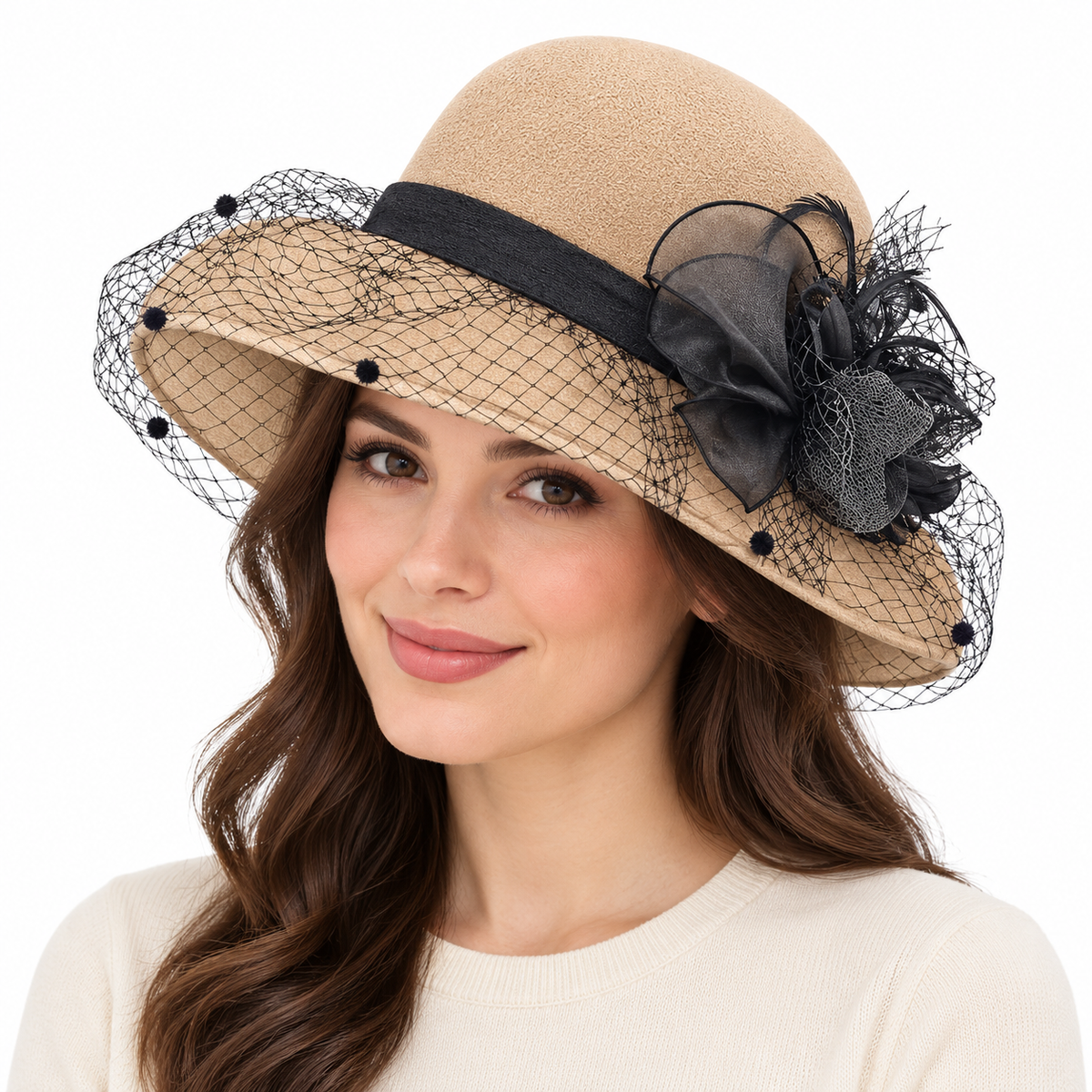 Model wearing Wide Brim Flower Hat