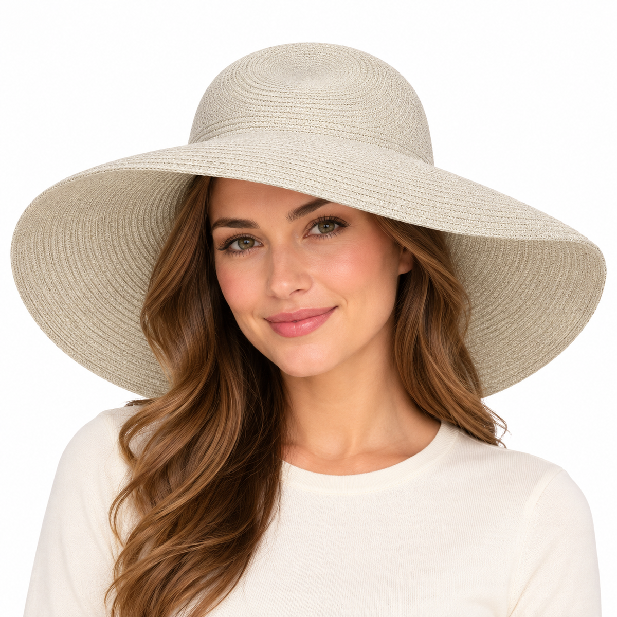 Model wearing Wide-Brim Woven Sun Hat