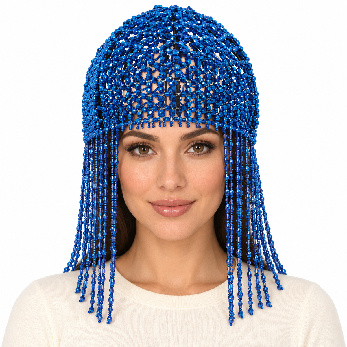 Model wearing Beaded Hat: HA1532 Blue Headpiece