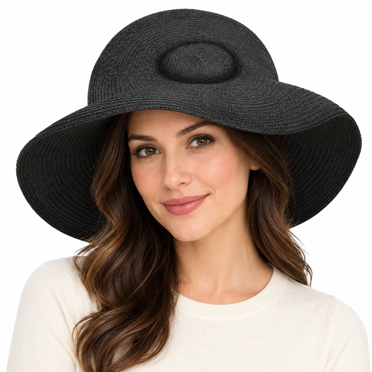 Model wearing Wide-Brim Woven Sun Hat