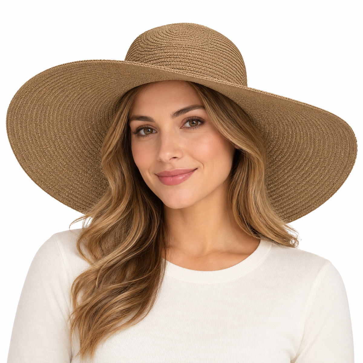 Model wearing Wide-Brim Woven Sun Hat