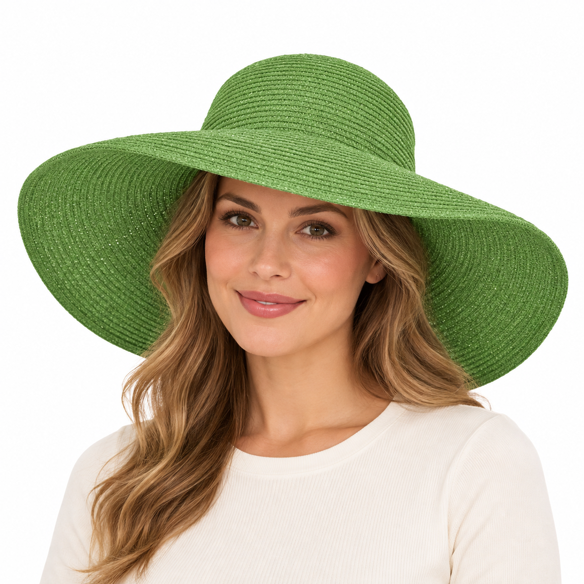 Model wearing Wide-Brim Woven Sun Hat