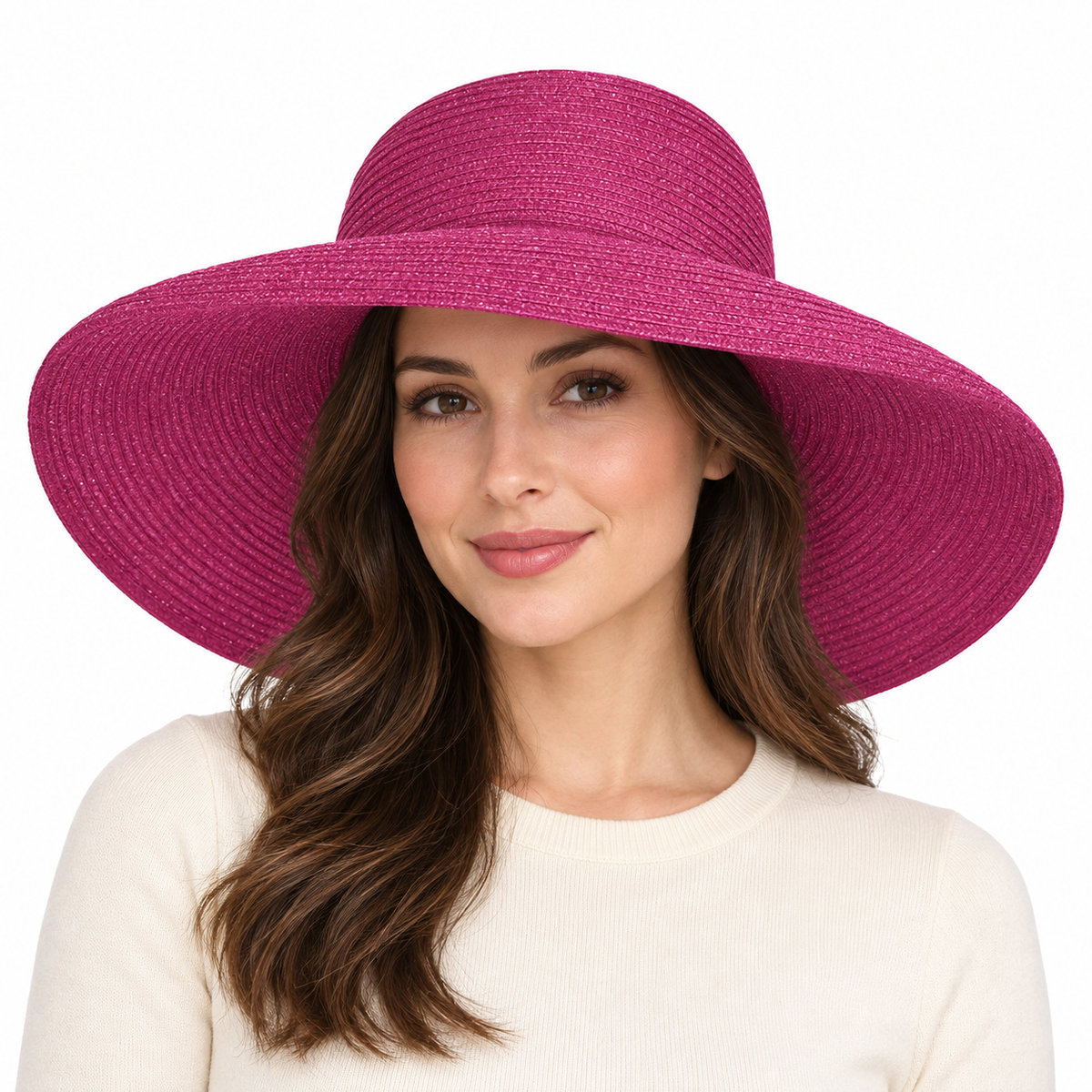 Model wearing Wide-Brim Woven Sun Hat