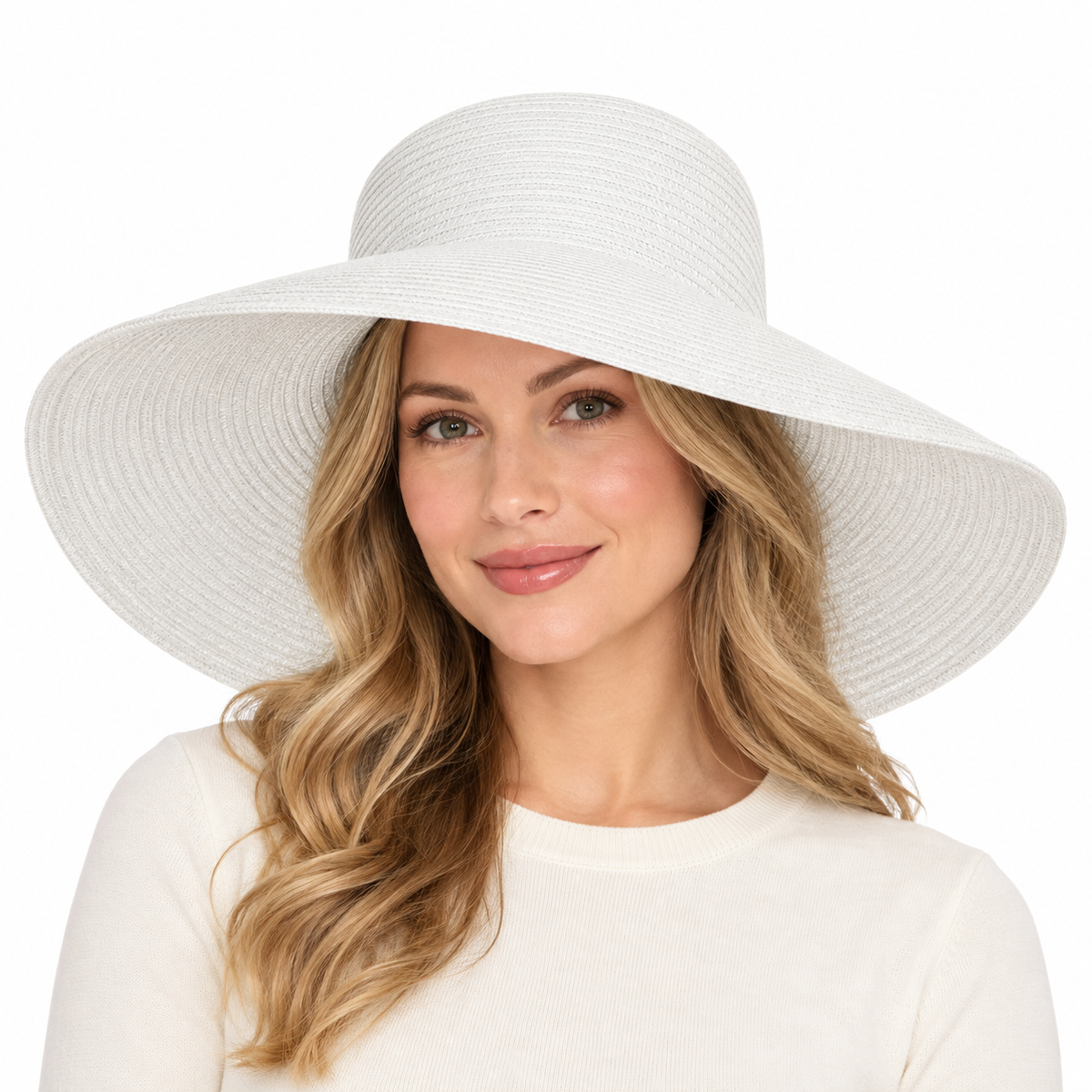 Model wearing Wide-Brim Woven Sun Hat