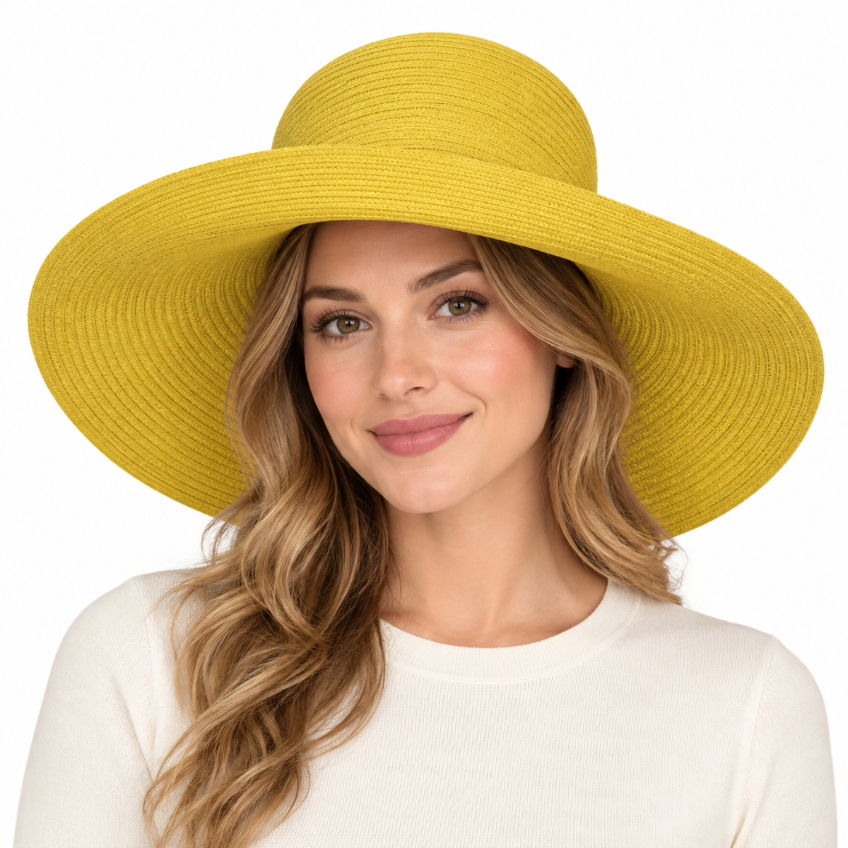 Model wearing Wide-Brim Woven Sun Hat