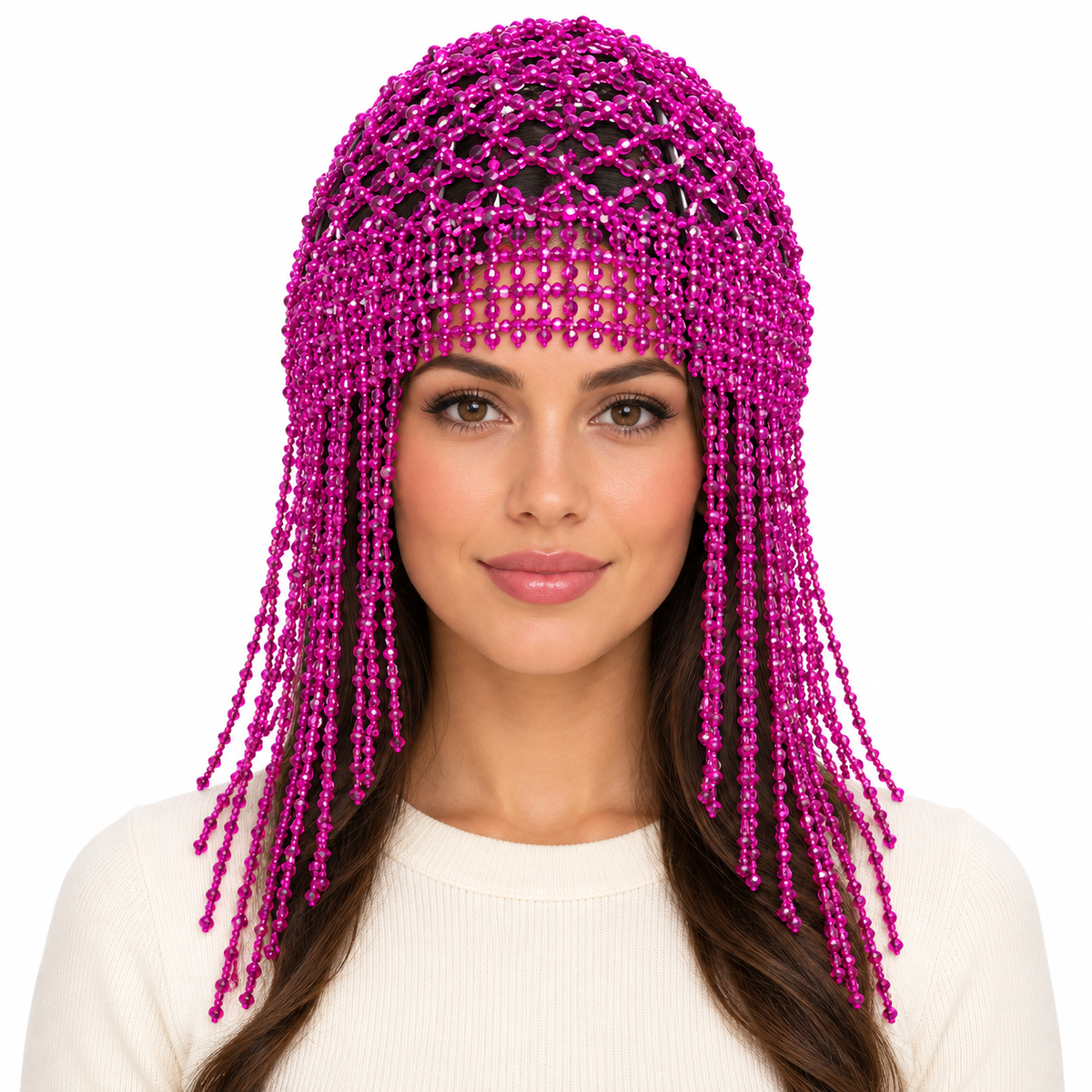 Model wearing Beaded Hat: HA1532 Fuchsia Beaded Headpiece