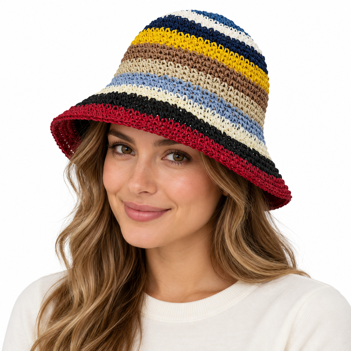 Model wearing Woven Bucket Hat Multicolor
