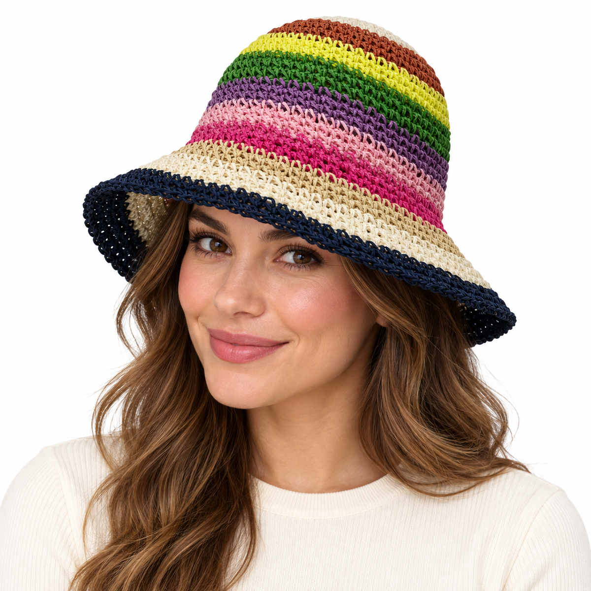 Model wearing Woven Bucket Hat Multicolor