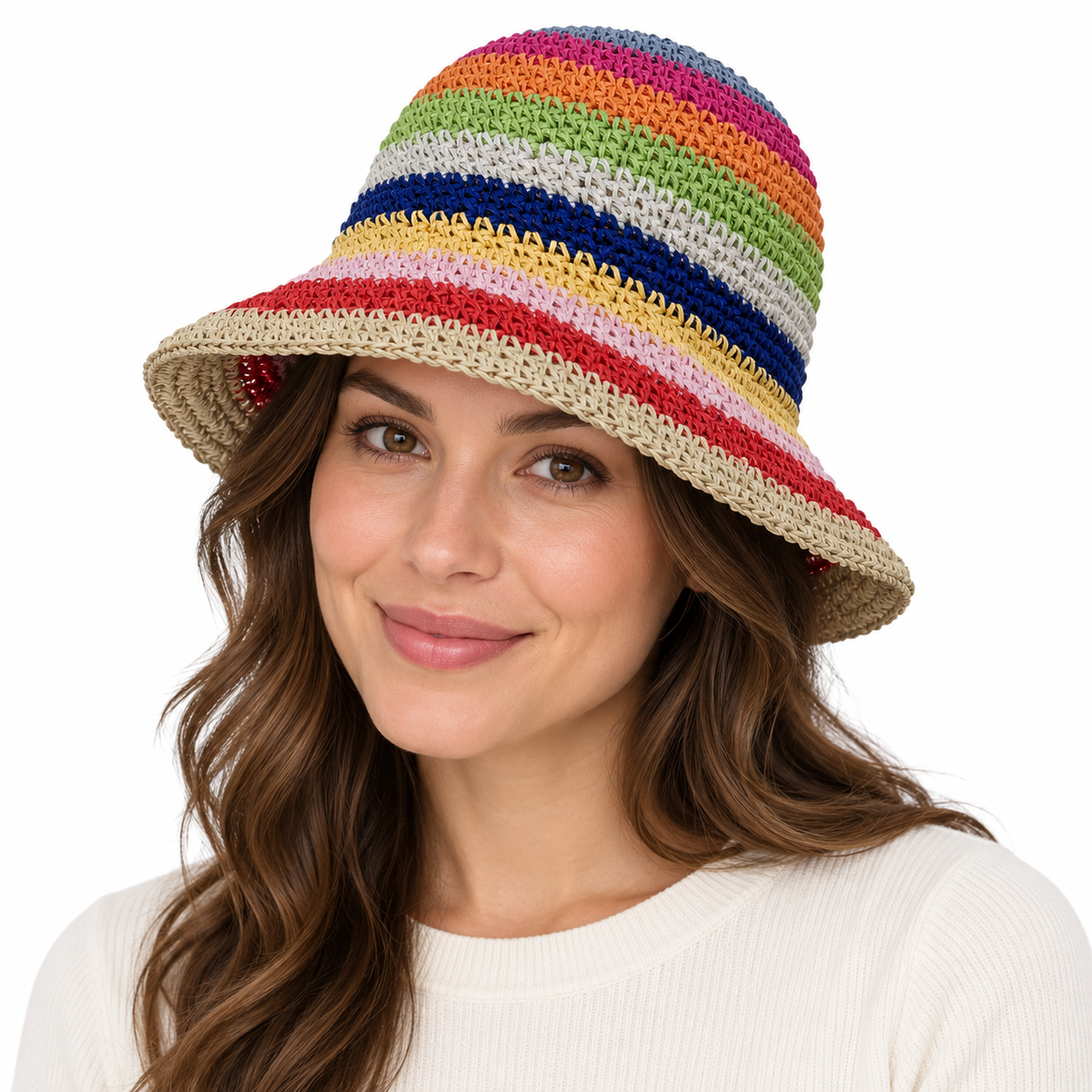 Model wearing Woven Bucket Hat Multicolor