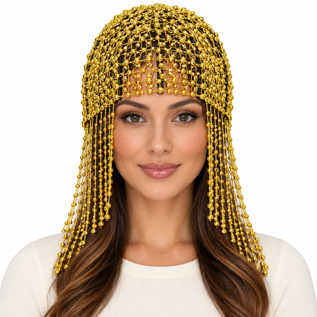 Model wearing Beaded Hat: HA1532 Gold Beaded Headpiece