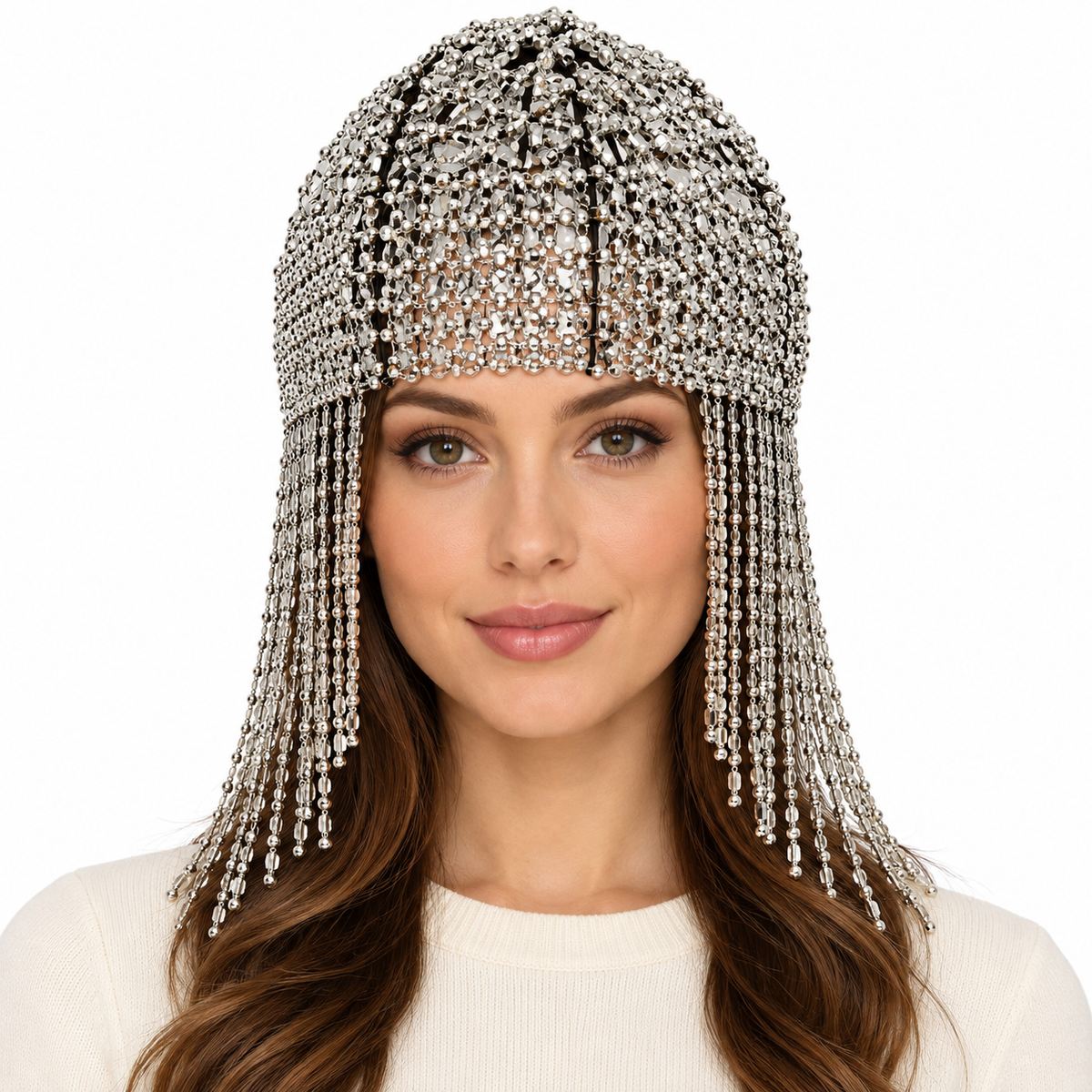Model wearing Beaded Hat: HA1532 Silver Beaded Headpiece