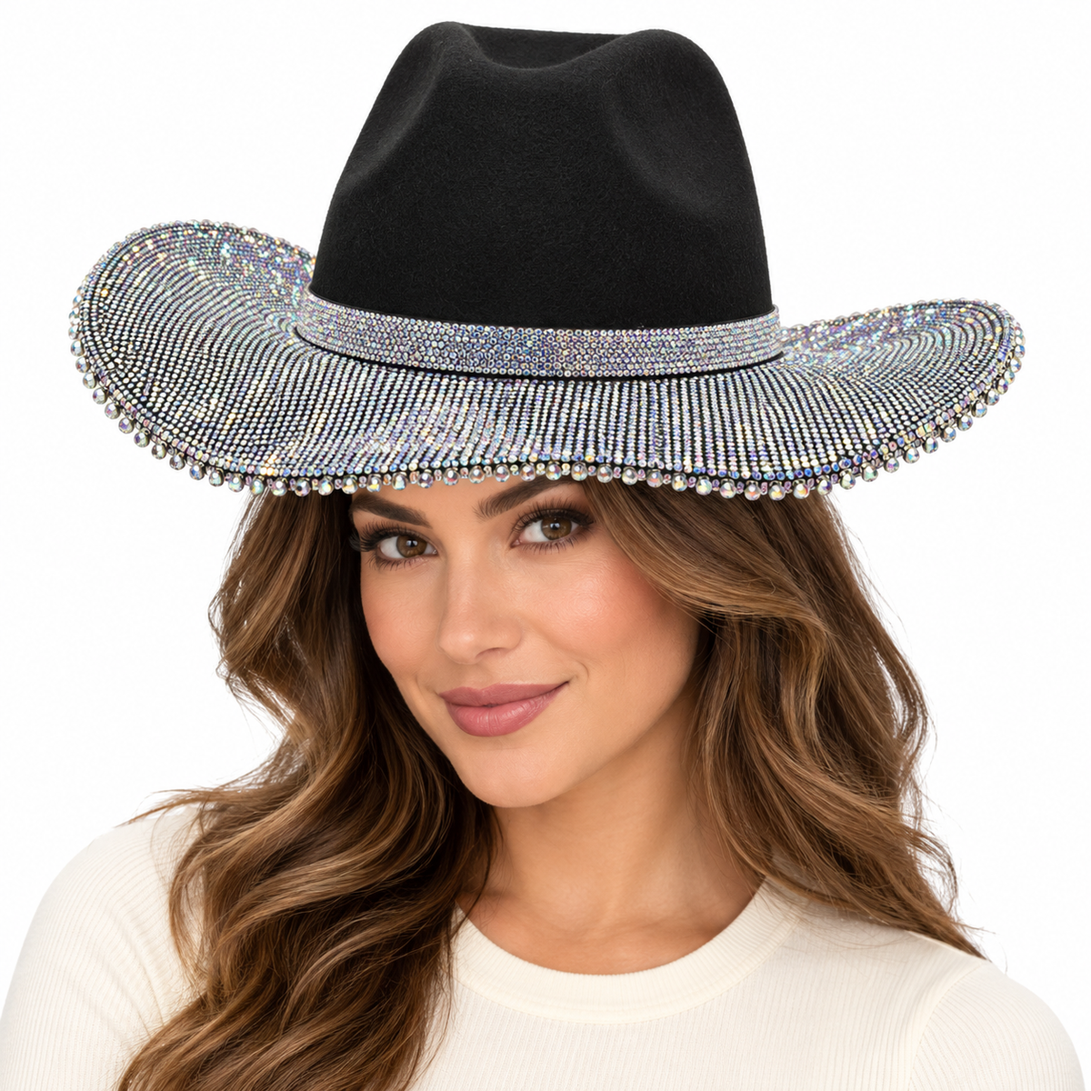 Model wearing Black AB Rhinestone Cowboy Hat