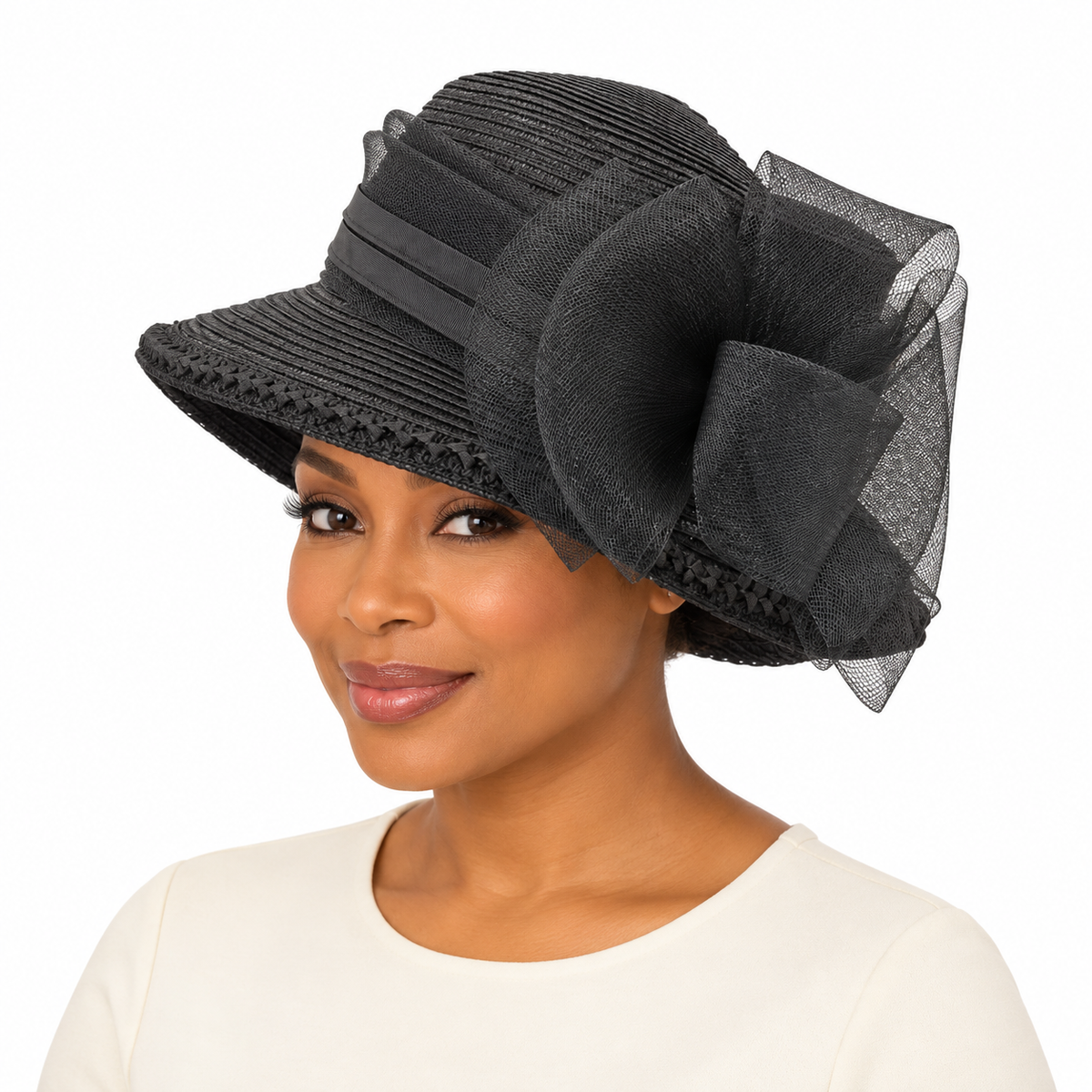 Model wearing Black Church Hat with Layered Ribbon Bow
