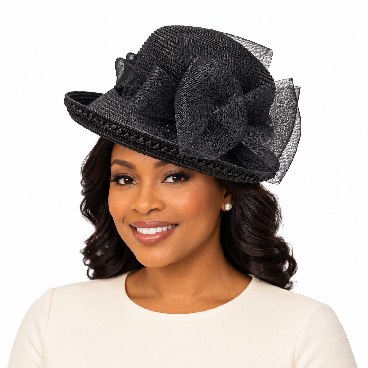 Model wearing Black Church Hat with Mesh Bow