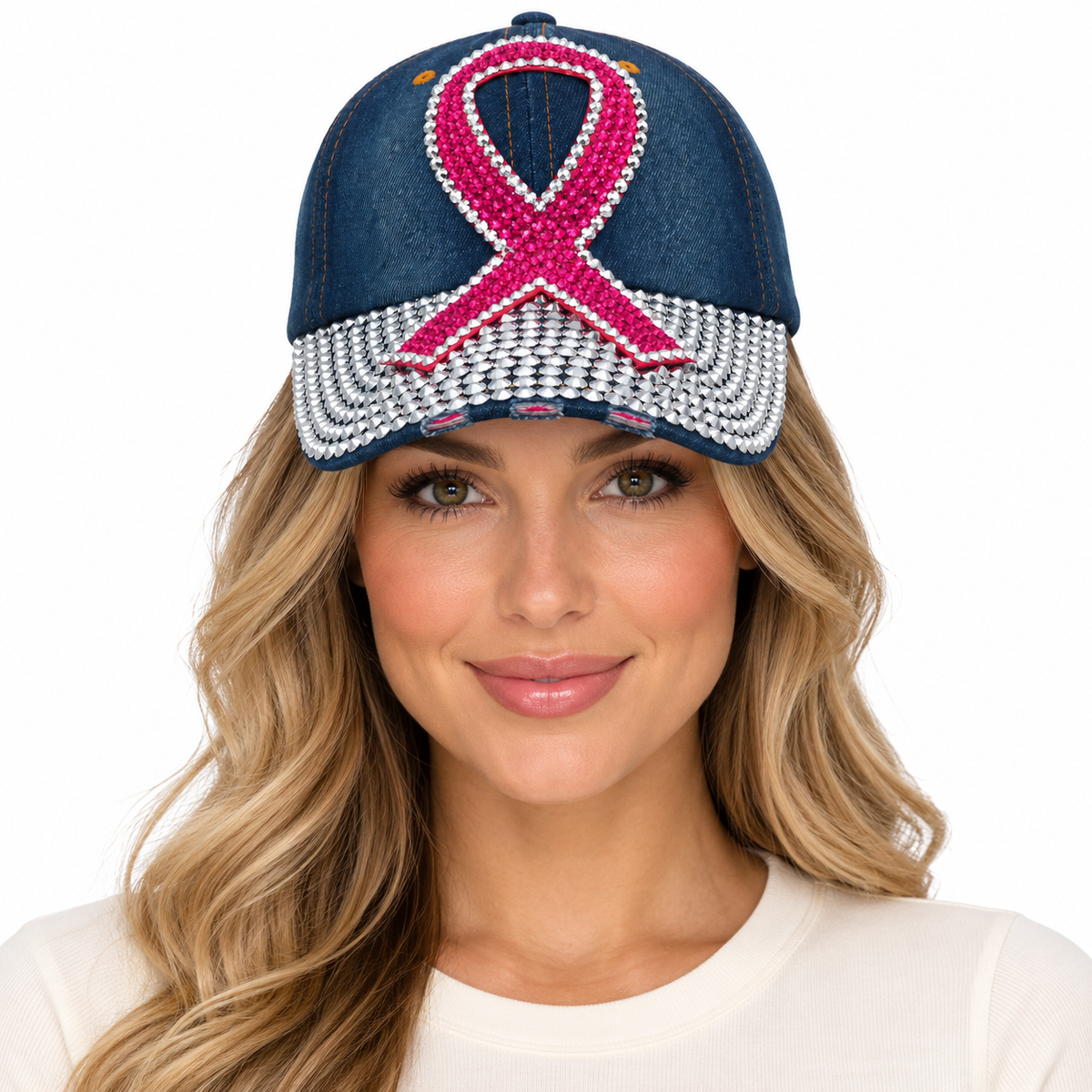 Model wearing Breast Cancer Flag Cap