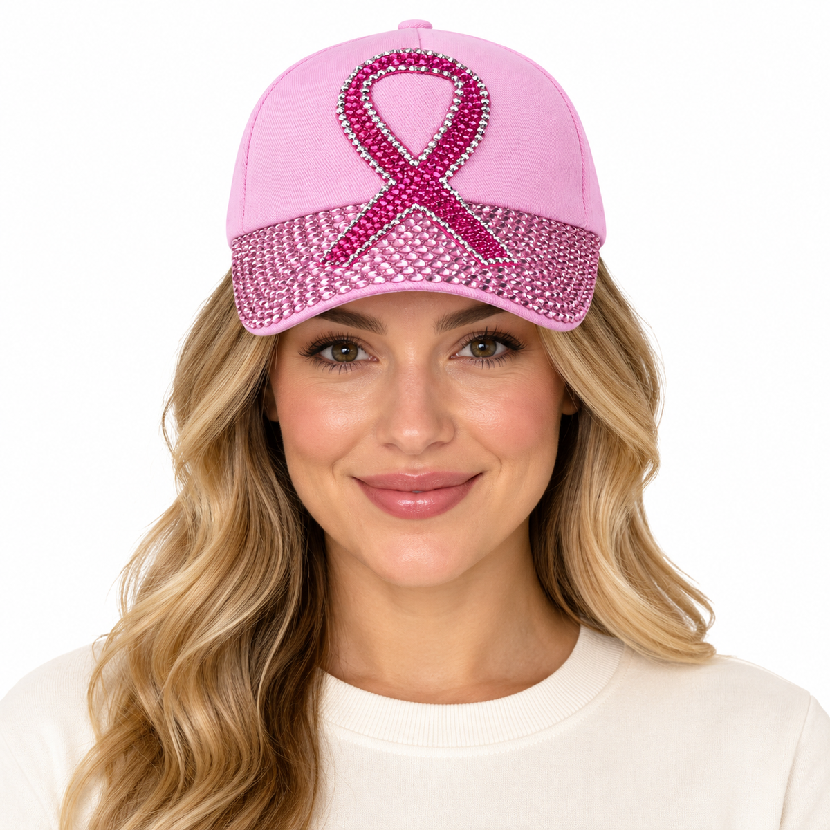 Model wearing Breast Cancer Flag Cap