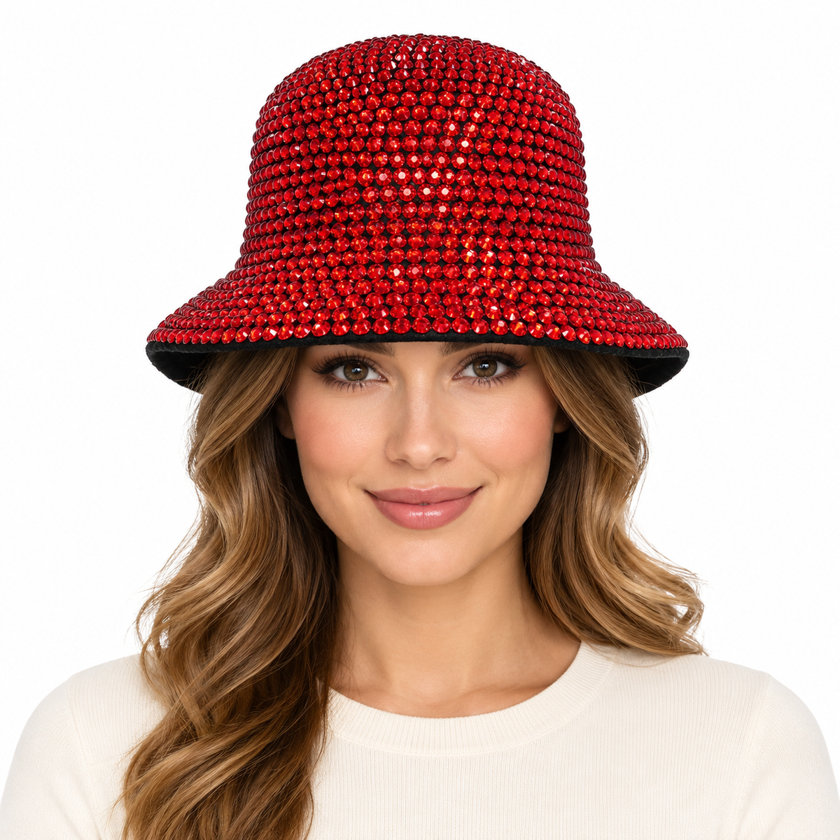 Model wearing Bucket Hat: CA046 Rhinestone Bucket Hat
