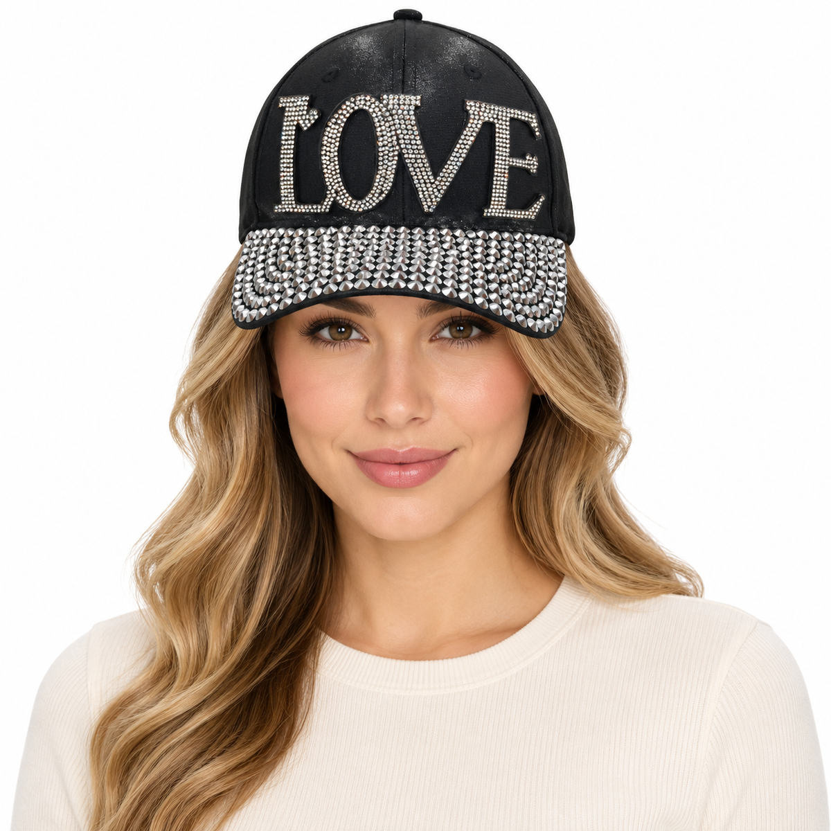 Model wearing Baseball Cap: CA009 Silver Rhinestones "Love" on Black Cap