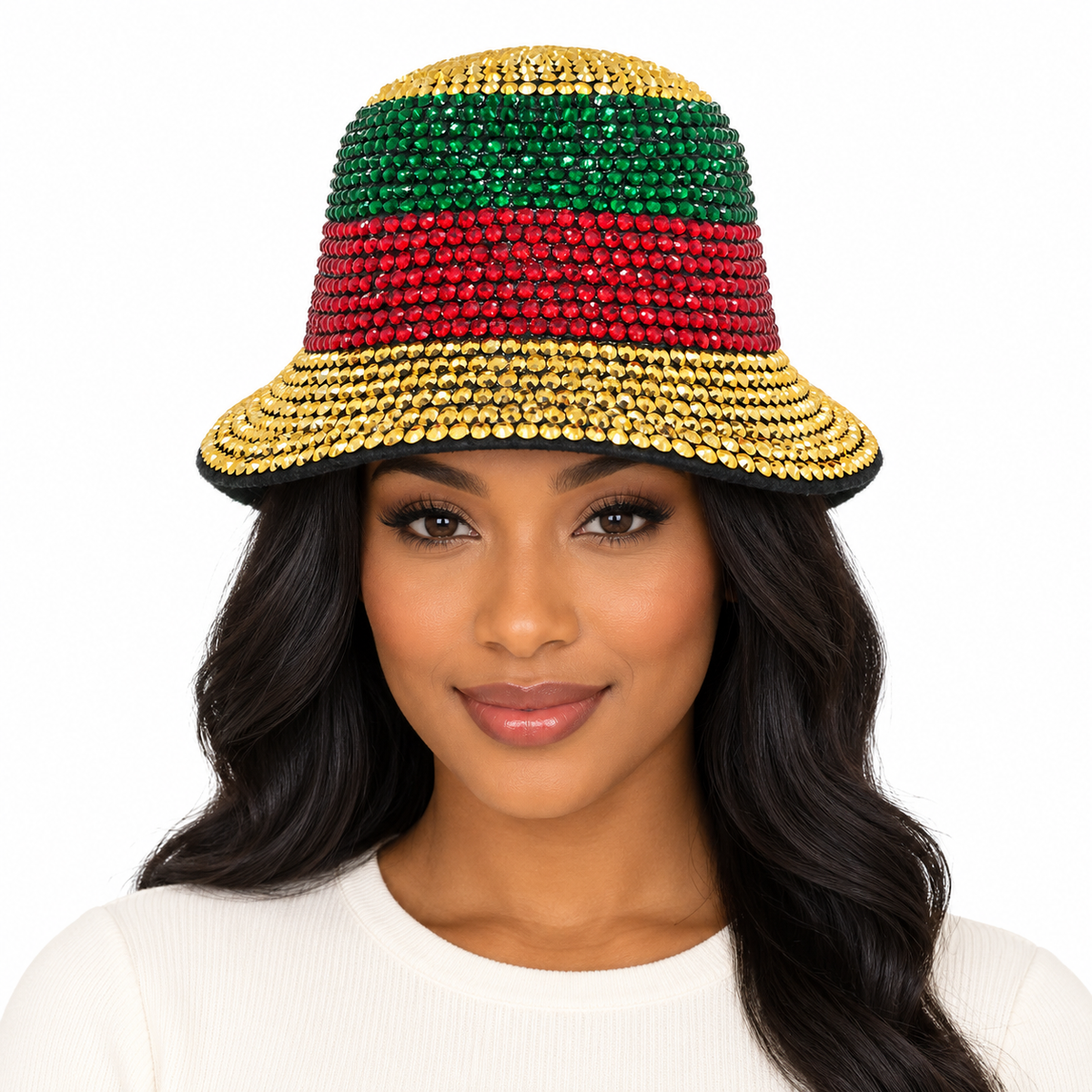Model wearing Bucket Hat: CA046 Rhinestone Bucket Hat