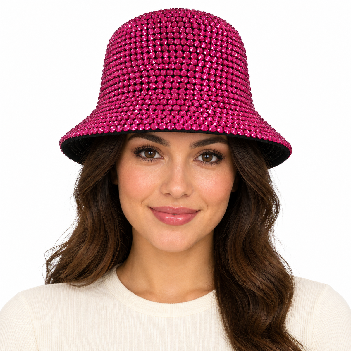 Model wearing Bucket Hat: CA046 Rhinestone Bucket Hat