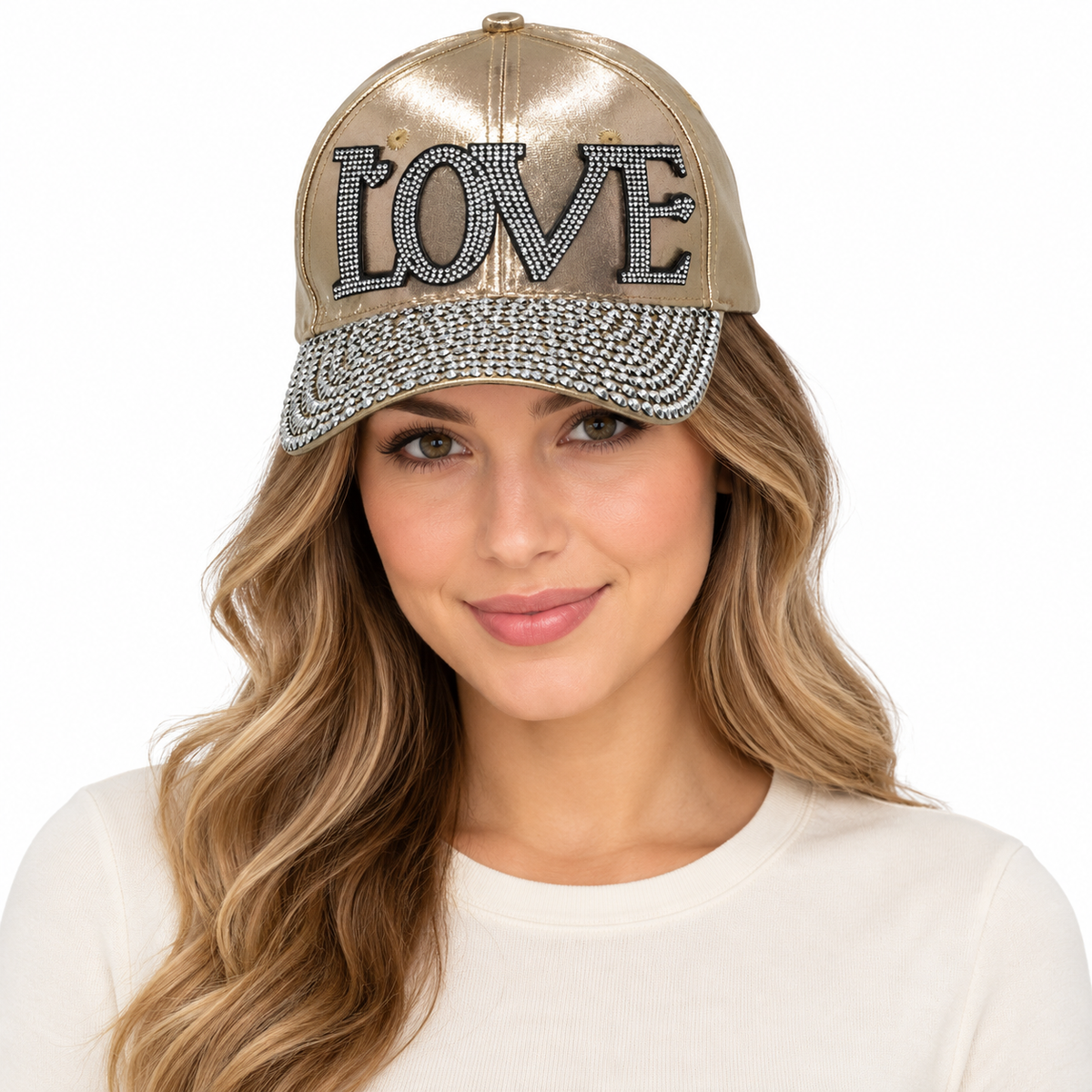Model wearing Baseball Cap: CA009 Silver Rhinestones "Love" on Gold Cap