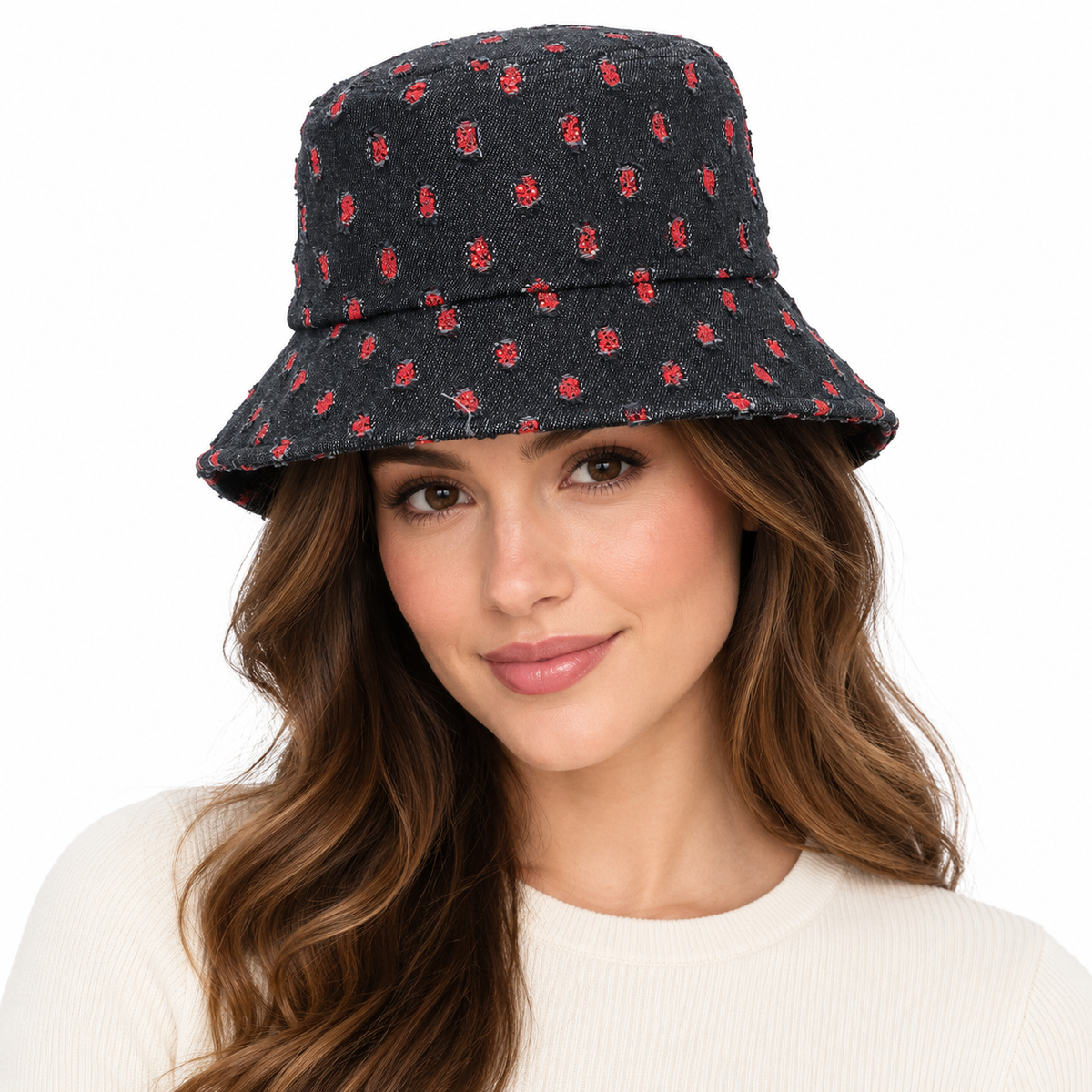 Model wearing Bucket Hat: H-CA048 Denim Bucket Hat with Red Details