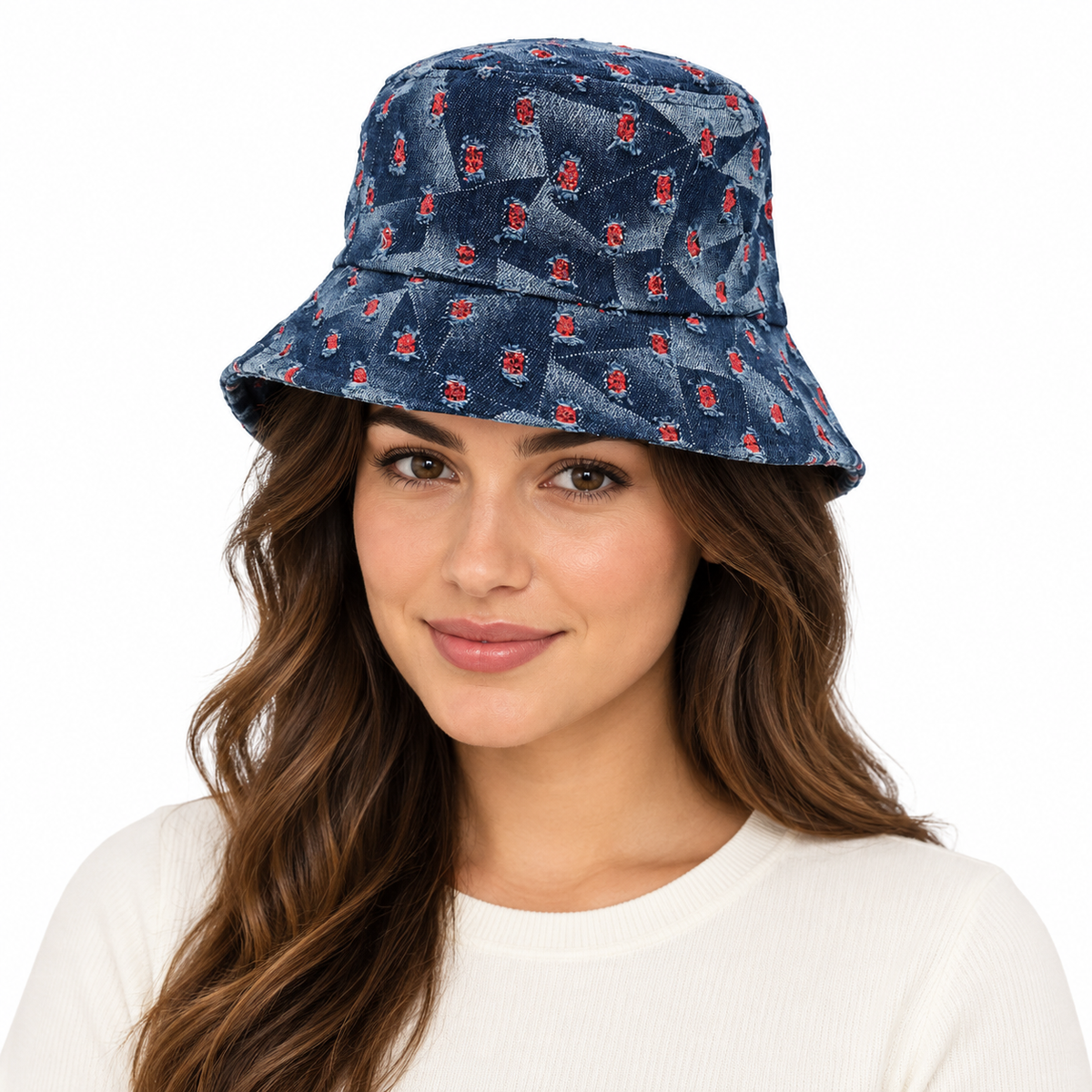 Model wearing Bucket Hat: H-CA048 Denim Bucket Hat with Red Details
