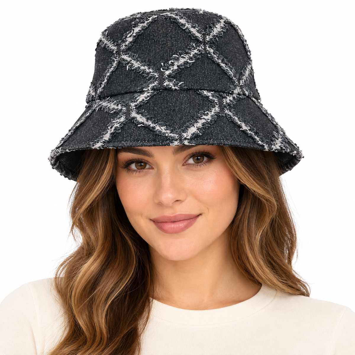 Model wearing Bucket Hat: H-CA063 Black Denim Fringe Bucket Hat