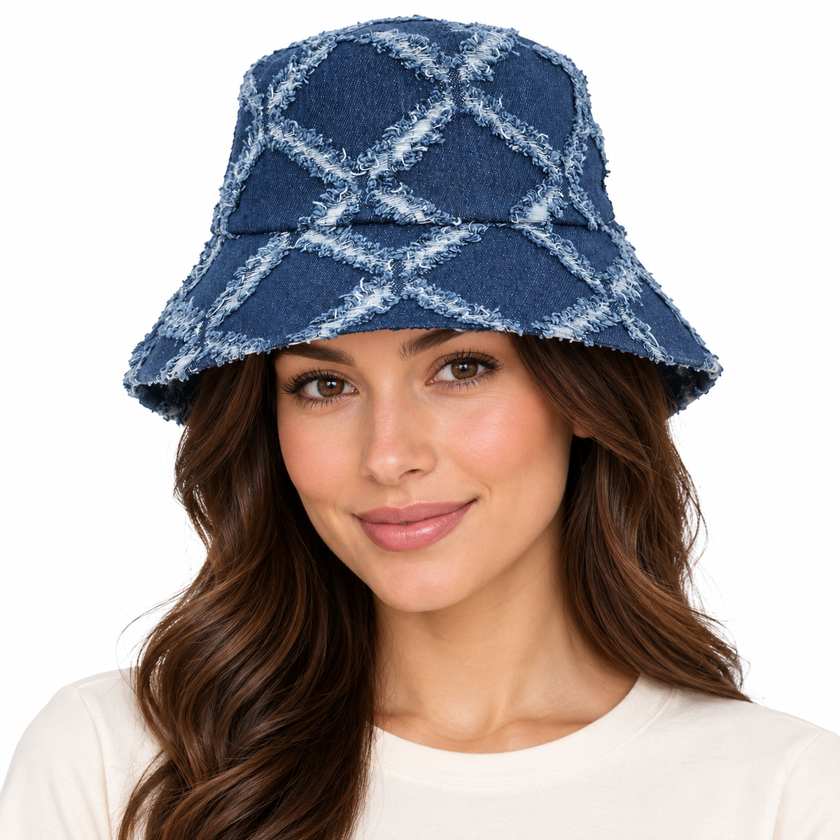 Model wearing Bucket Hat: H-CA063 Denim Fringe Bucket Hat