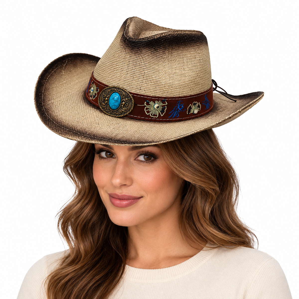 Model wearing Cowboy Hat: HA915 BEI