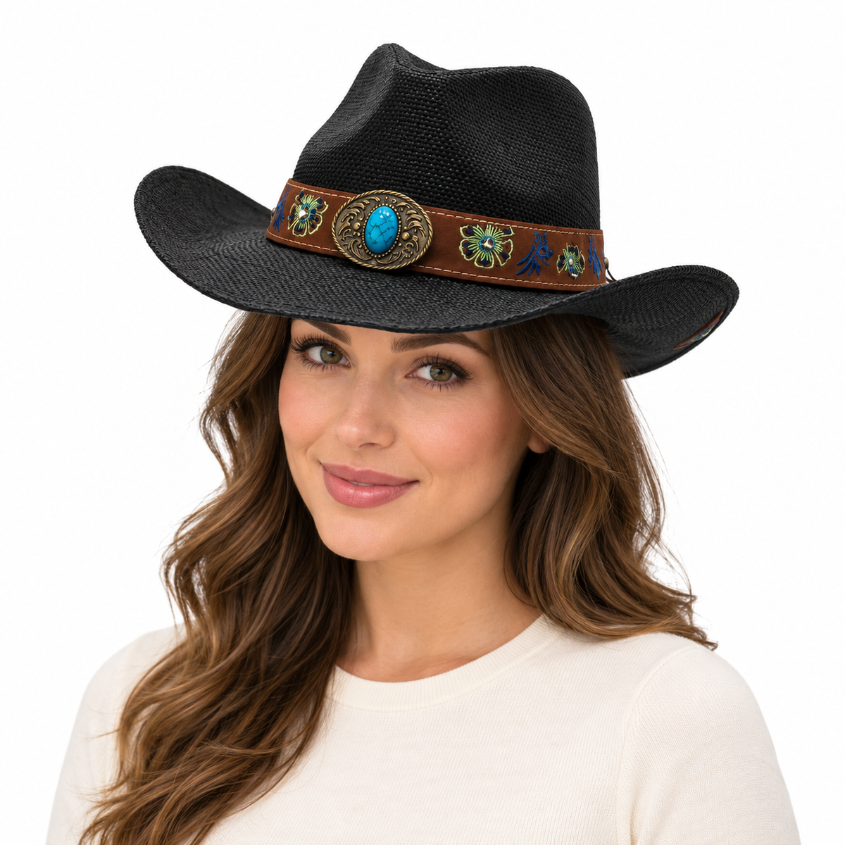 Model wearing Cowboy Hat: HA915 BLA