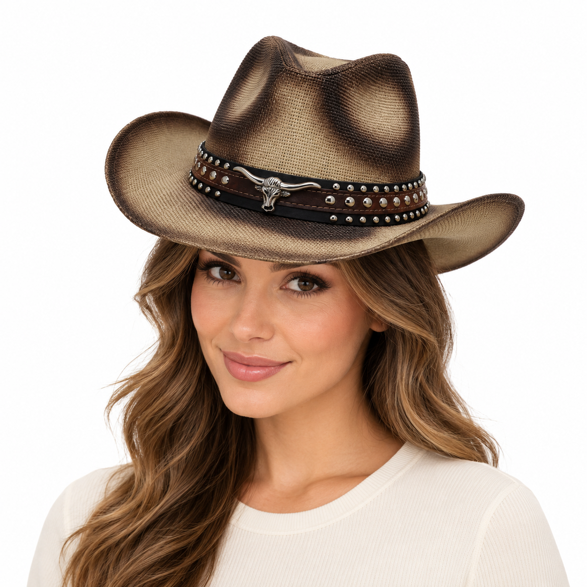 Model wearing Cowboy Hat: HA917 BEI