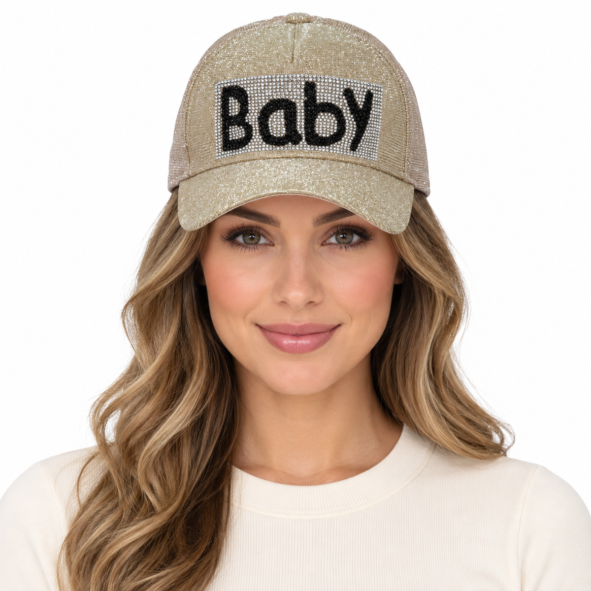 Model wearing Baseball Cap: CA010 "Baby" in Gold