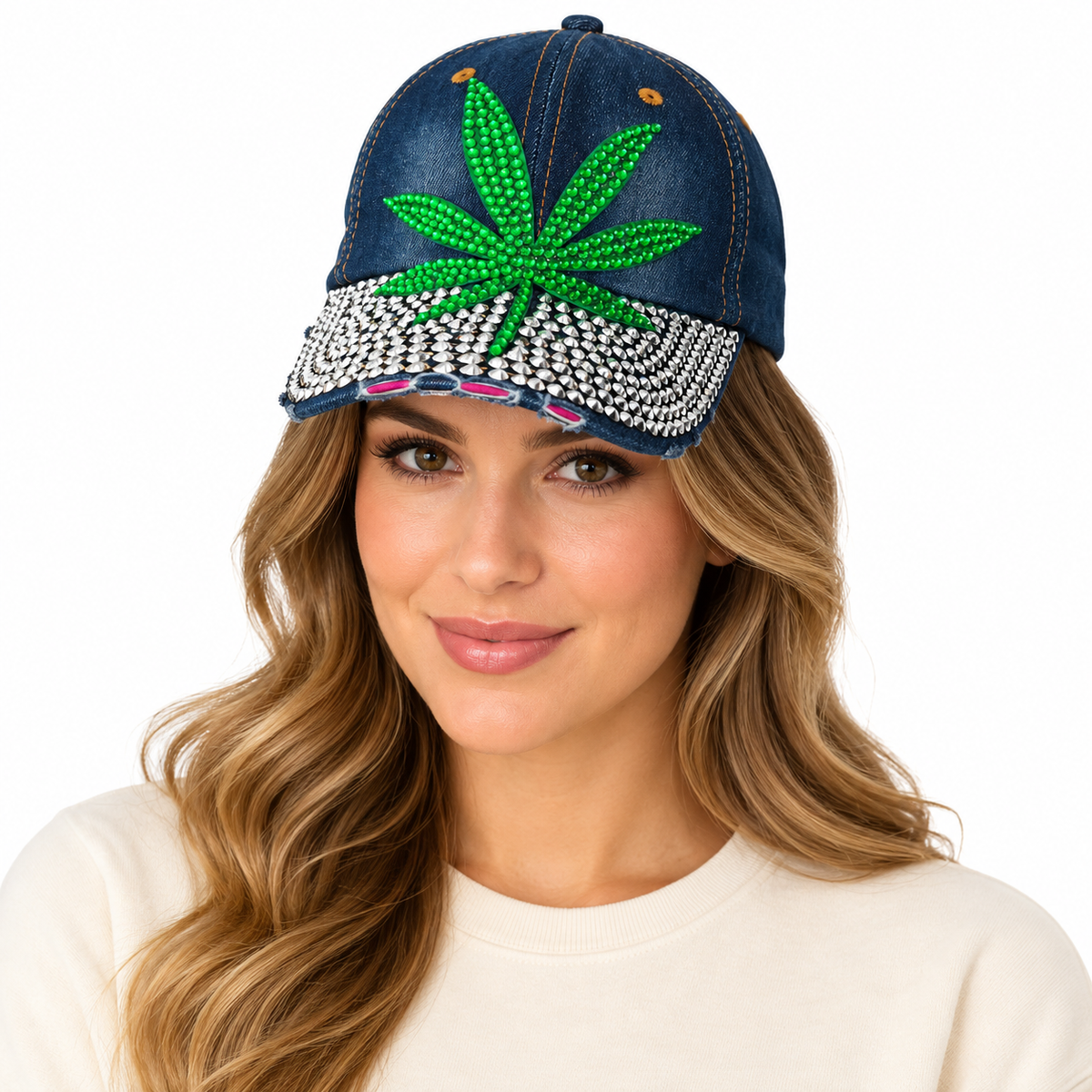 Model wearing Denim Baseball Cap: C1421-1 "Cannabis Leaf" Green and Silver Rhinestones Baseball Cap