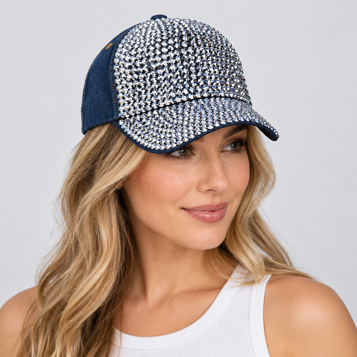 Human model wearing Denim Rhinestone Baseball Cap: CA025 Denim & Silver Stone