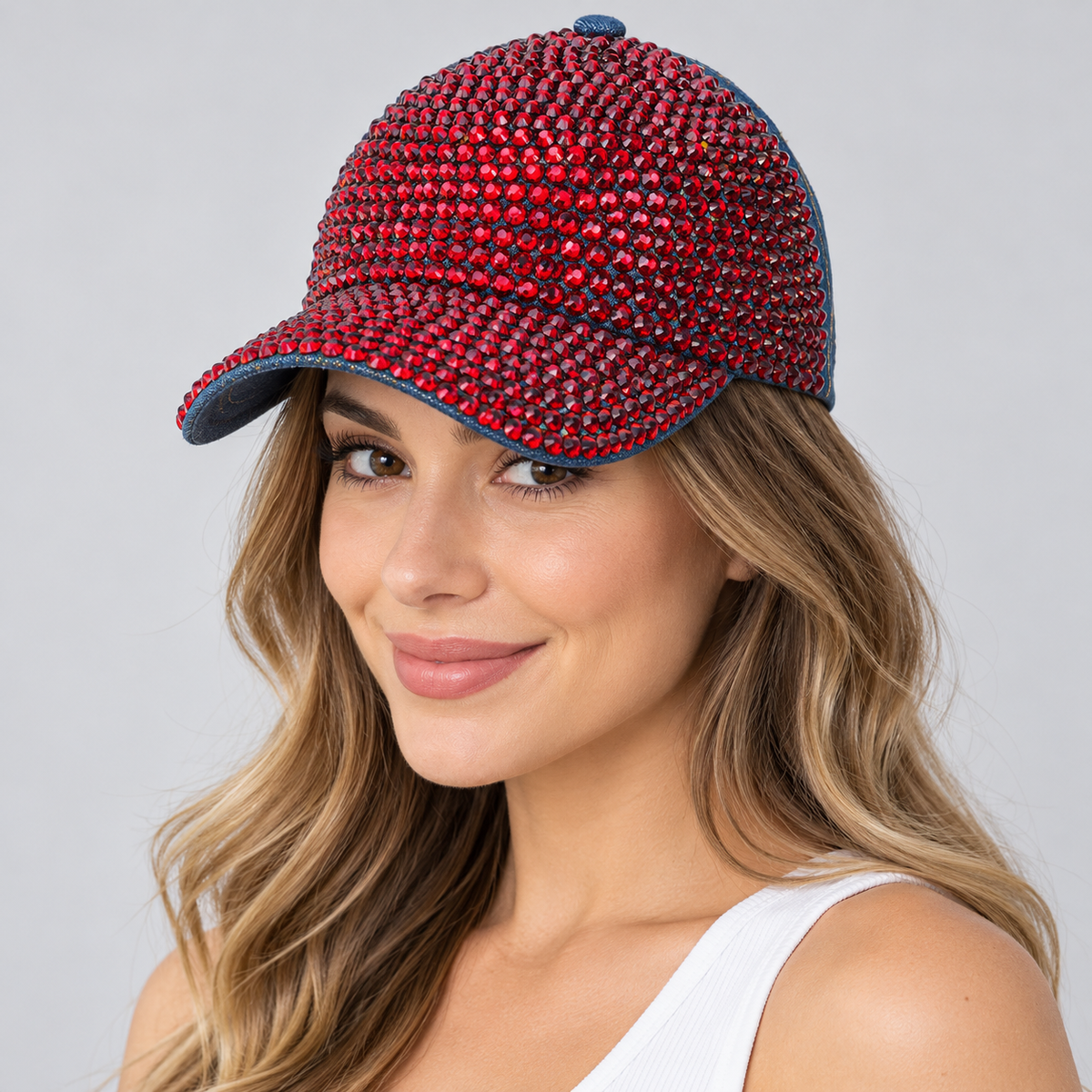 Human model wearing Denim Rhinestone Baseball Cap: CA025 Denim & Red Stone