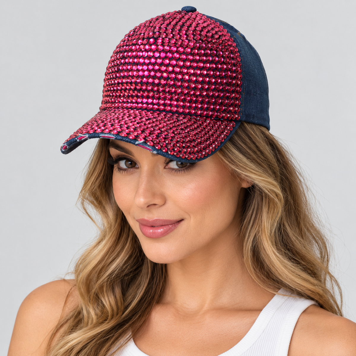 Human model wearing Denim Rhinestone Baseball Cap: CA025 Denim & Pink Stone