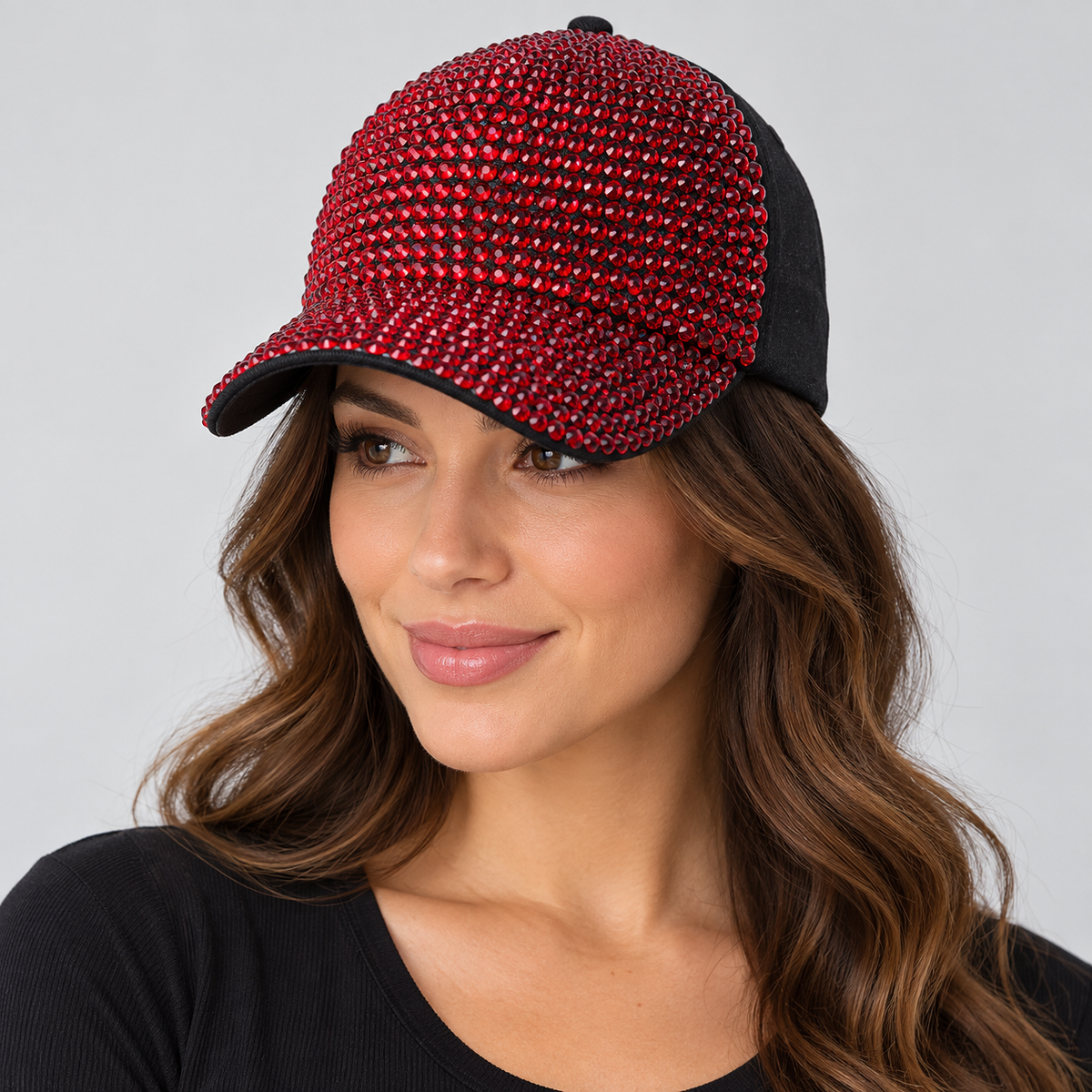 Human model wearing Denim Rhinestone Baseball Cap: CA025 Black Denim & Red Stone