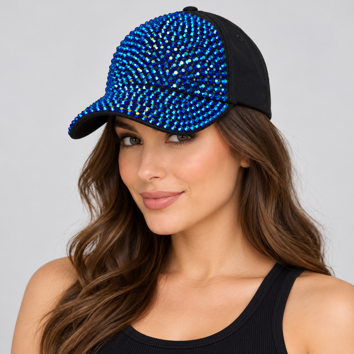 Human model wearing Denim Rhinestone Baseball Cap: CA025 Black Denim & Blue Stone