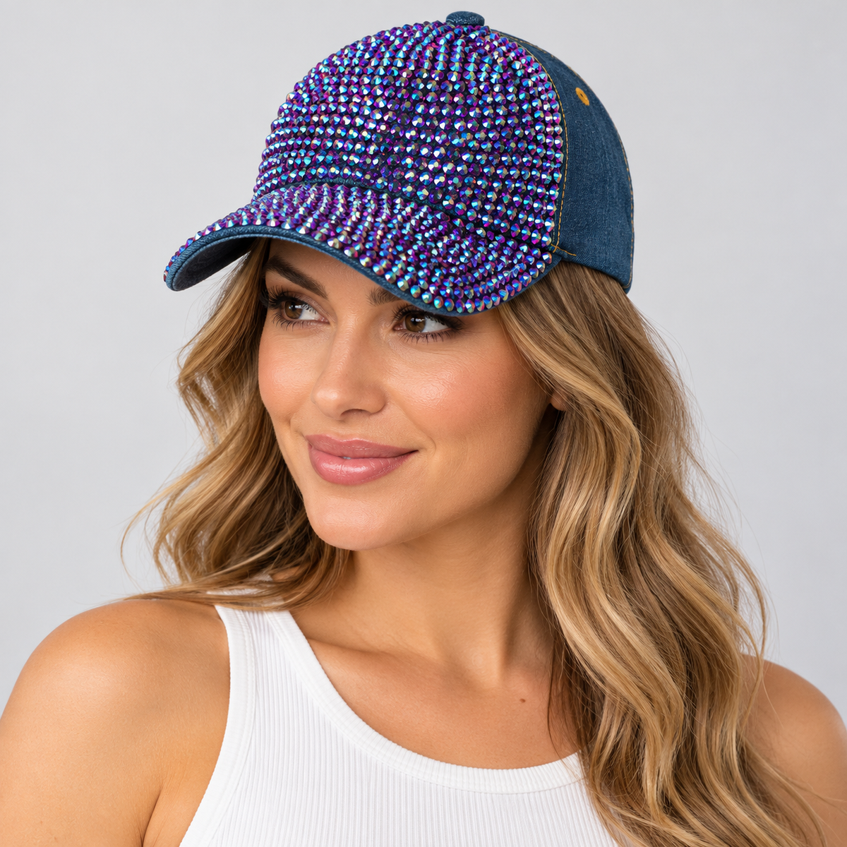 Human model wearing Denim Rhinestone Baseball Cap: CA025 Denim & Purple Stone