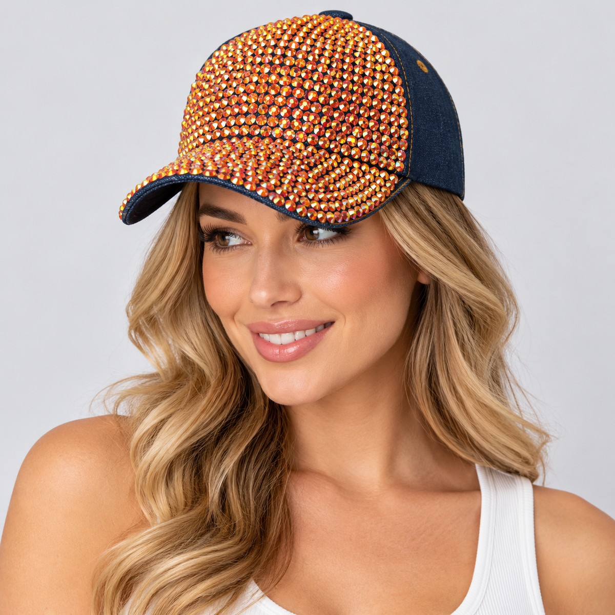 Human model wearing Denim Rhinestone Baseball Cap: CA025 Denim & Orange Stone