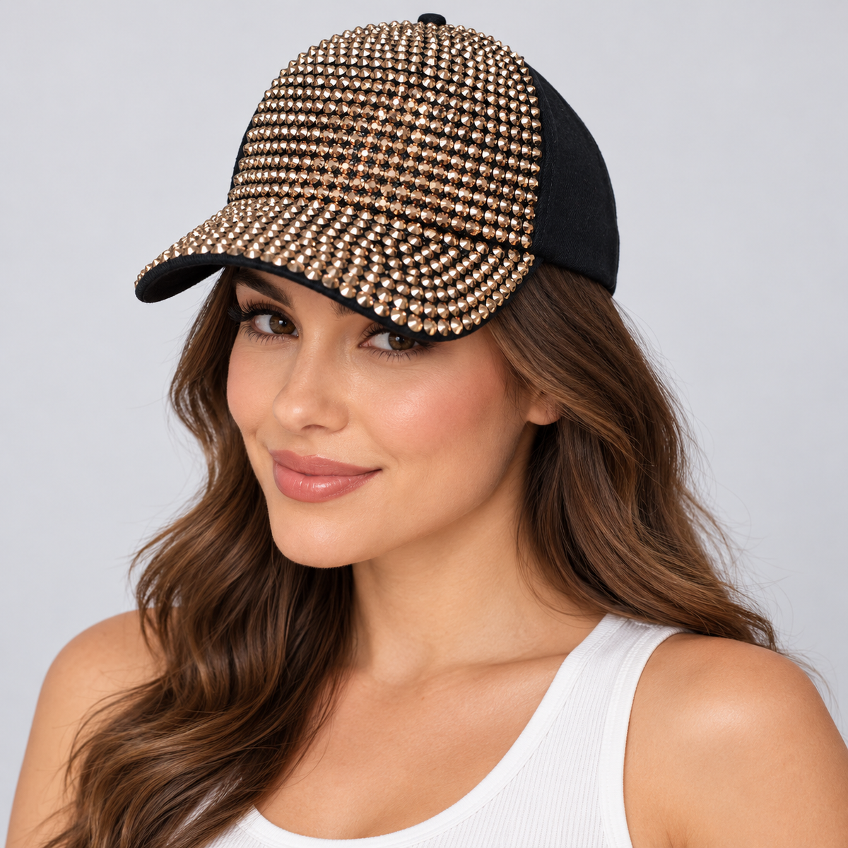 Human model wearing Denim Rhinestone Baseball Cap: CA025 Black Denim & Gold Stone