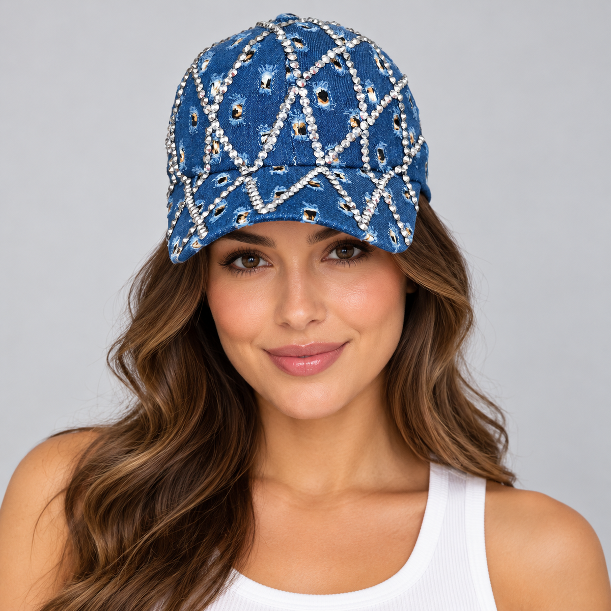Human model wearing Denim Baseball Cap: CA042 Denim Rhinestone Baseball Cap