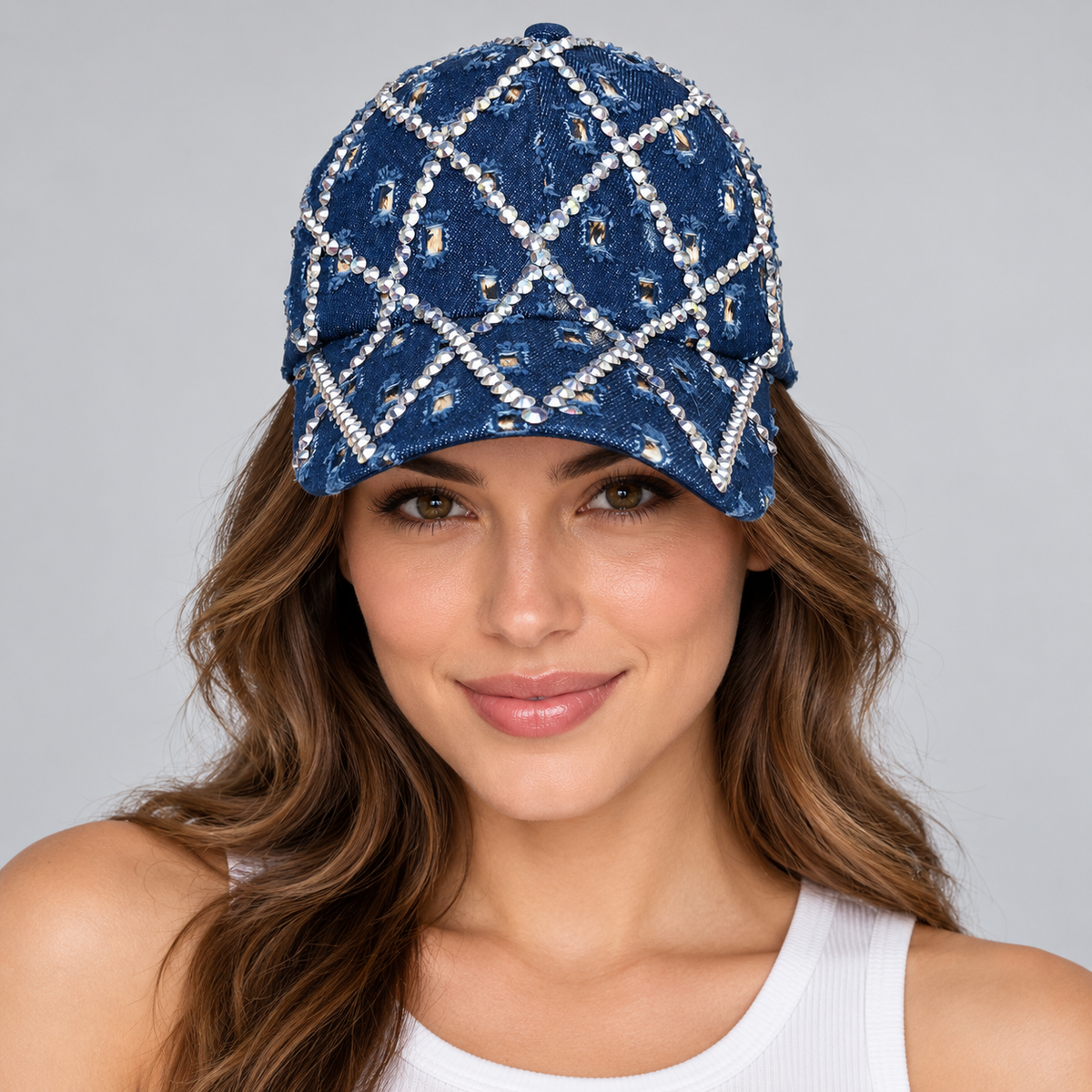 Human model wearing Denim Baseball Cap: CA042 Dark Denim Rhinestone Baseball Cap